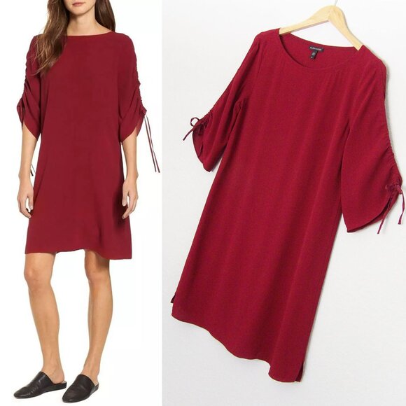Eileen Fisher 100% Silk Ruched Sleeve Shift Dress In Dark Tulip S Burgundy $378 - Picture 15 of 15
